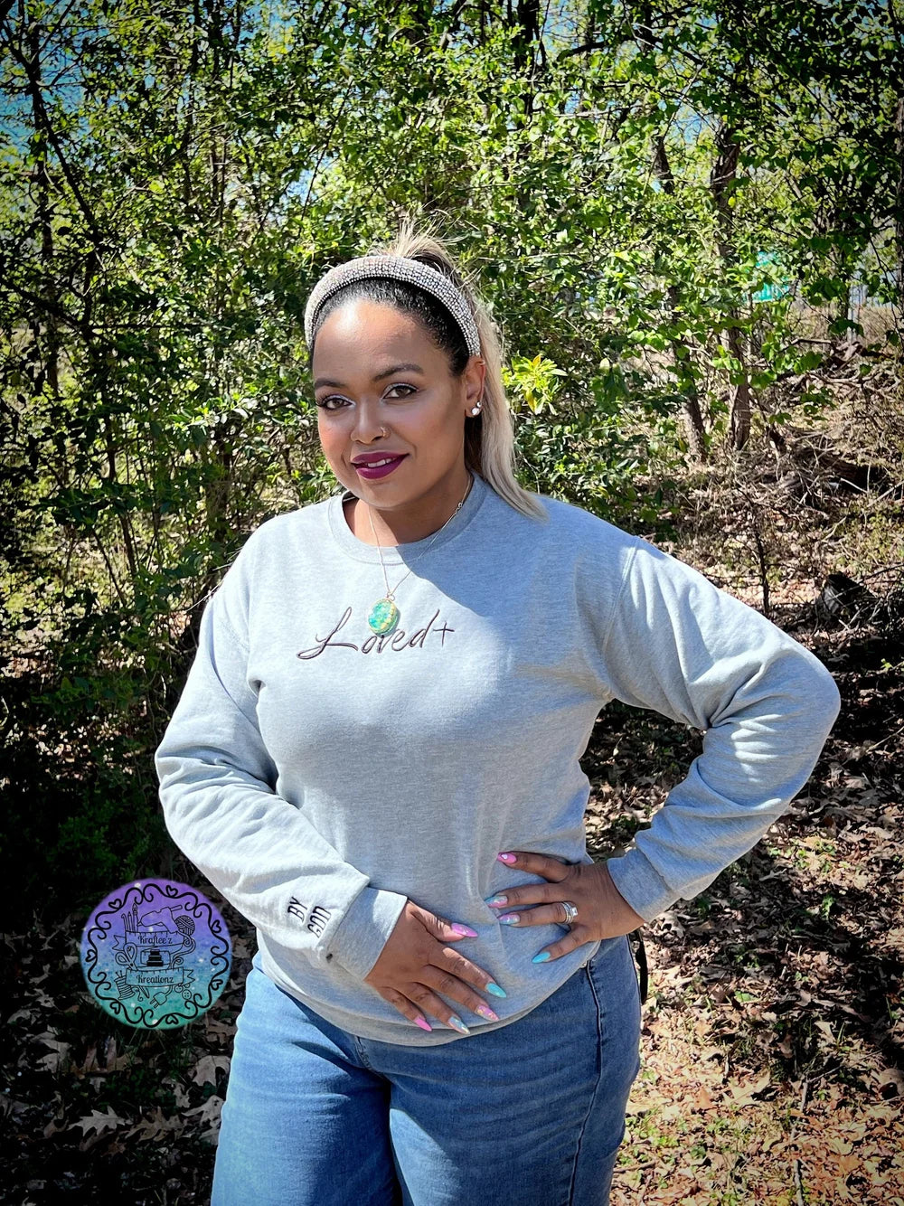 LOVED BY GOD- Embroidered Sweatshirt, Sleeve Embroidery
