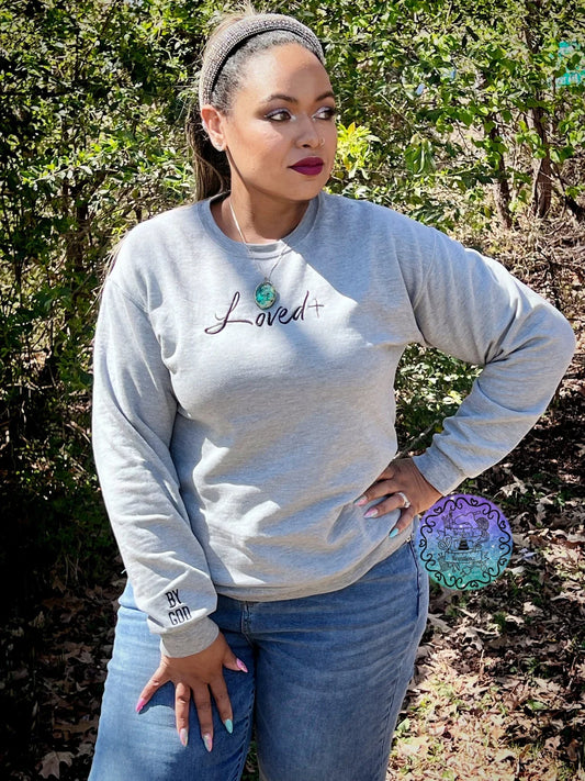 LOVED BY GOD- Embroidered Sweatshirt, Sleeve Embroidery