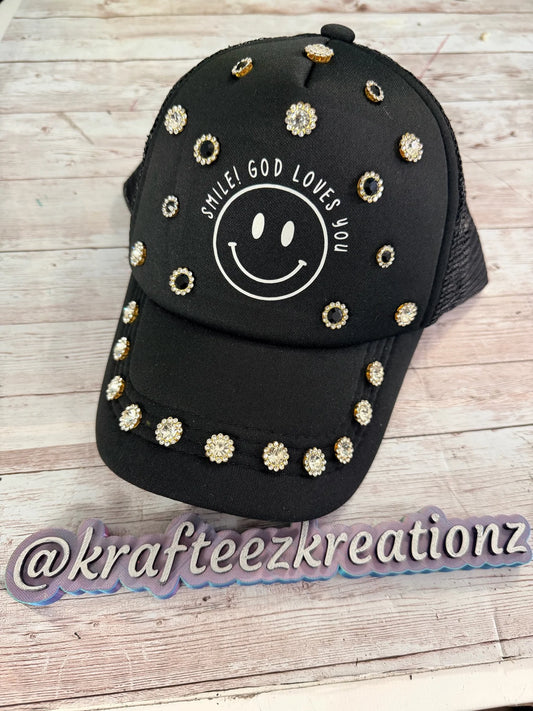 Smile! God Loves You- Crystal Trucker Hat ✨